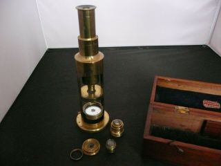 Antique J.  H.  Steward 66 Strand Brass Drum Microscope In Wooden Case