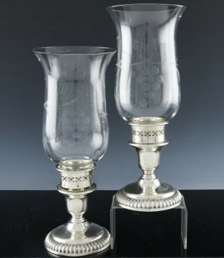 V.  Fine Pair Vintage Birks Sterling Silver & Etched Glass Hurricane Candlesticks