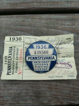 1936 Pa Resident Fishing License - Pennsylvania Licenses