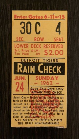 1962 Rocky Colavito 7 Hits Detroit Tigers Franchise Record Ticket Stub Yankees