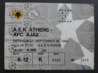 Aek Athens - Ajax 1994 Official Match Ticket