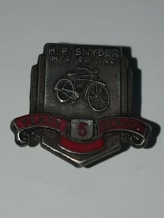 H P Snyder Bicycle Manufacturing Company 5 Year Service Pin Rollfast Sterling