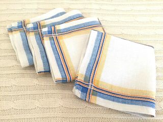 Vintage Napkins Set Of 4 White Cotton Yellow,  Orange,  Blue Plaid French Country