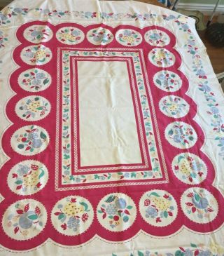 Vintage Kitchen Tablecloth W/ Apples,  Pears,  Grapes And Cherries.  48 " X60 "