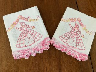 Gorgeous Pr Vintage Hand Embr/crochet Trim Pillowcases=pink Southern Belles