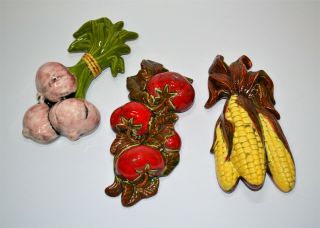Set Of 3 Vintage Ceramic Vegetable Wall Plaques - Hand Painted - Kitchen Decor