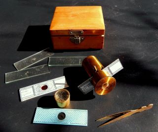 Antique German Brass Miniature Simple Pocket Microscope,  Boxed With Slides Etc