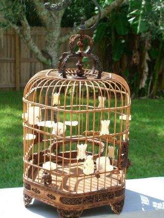 Antique Chinese Bamboo Bird Cage Hand Carved Feeders & Ornamentation