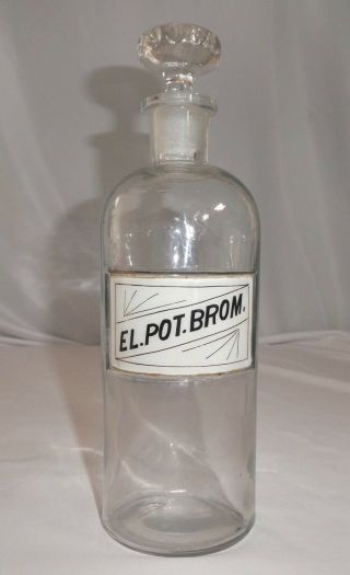Antique Apothecary Clear Glass Bottle & Stopper With Label El.  Pot.  Brom.  1880s