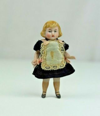 Antique German All Bisque Dollhouse Little Girl Doll With Molded Blonde Hair
