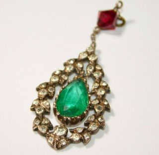 Antique 19th.  C Georgian Victorian Solid Silver Emerald,  Diamond Paste Pendant