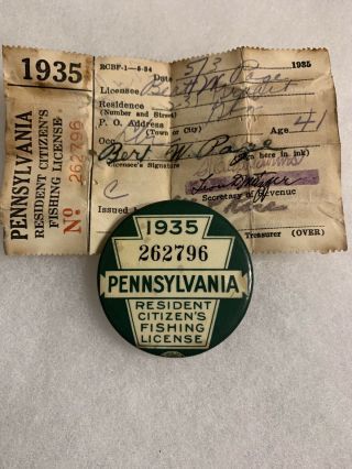 1935 Pa Pennsylvania Fishing License W Matching Paper