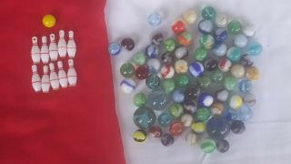 60 Vintage Marbles Variety Of Sizes & Colors.  Plus Miniature 10 Pin Bowling Set
