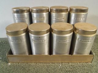 Vintage Mid Century Aluminum Spice Set Rack And Spice Containers