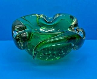 Vintage Murano Art Glass Controlled Bubble Emerald Green / Clear Ash Tray