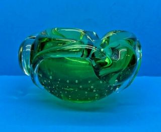 Vintage Murano Art Glass Controlled Bubble Emerald Green / Clear Ash Tray 3