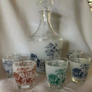 Vintage Colorful Glass Decanter And 5 Shot Glasses From France