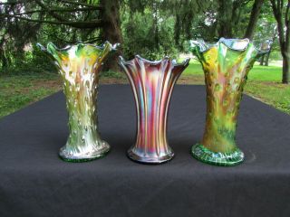 Northwood Antique Carnival Art Glass Set Of Three Vases Green Purple