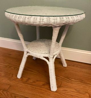 Vintage White Wicker Round Table With Glass Top
