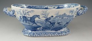 Antique Pottery Pearlware Blue Transfer Spode Indian Sporting Sauce Tureen 1815