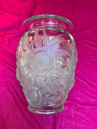 Antique 1920s Signed Verlys France Relief Sunflowers Large Vase Frosted & Clear