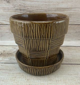 Vintage Mccoy Pottery Brown Basket Weave 3 1/8 " X 3 1/4 " Flower Pot Planter Chip