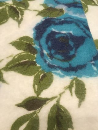 Vintage Retro Satin Trim Blanket Blue Roses Twin 70x90 3