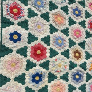 Antique / Vintage Quilt Grandmothers Flower Garden Hexagon Feedsack / Green