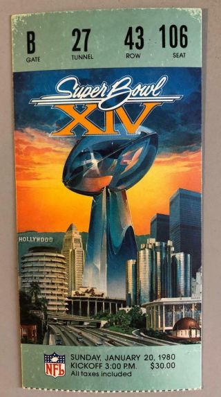 1980 Bowl Xiv Ticket Rams Vs Steelers Terry Bradshaw Mvp Crease