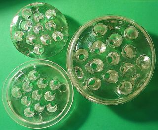 3 Vintage Clear Glass Round Flower Frog Candle Holders 4 1/2 " - 3 1/2 " - 2 7/8 "