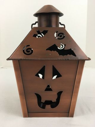 Halloween Pumpkin Bats Metal Lantern Candle Holder Mini Lights Vtg Hallmark