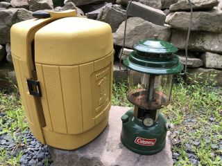 Vtg Coleman 220j Lantern 1975 W/ Gold Carry Case 1977 W/ Funnel Camping 70s