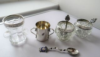 Antique & Vintage Solid 925 935 Silver Loving Cups Salts & Spoons Scrap / Use
