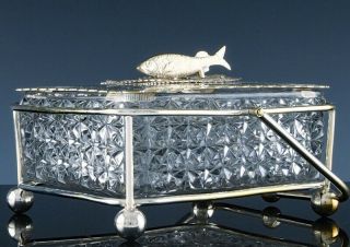 V.  Fine C1880 Victorian Silver Plate & Glass Fish Figural Sardine Box Butter Dish