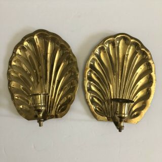 Two Vintage Brass Shell Wall Sconce Candlestick Holders India