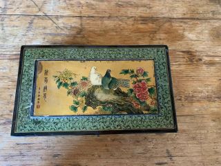 Vintage Black Lacquer Chinese Jewelry Box,  Pigeons And Flowers 8.  5 X 5 X 3 Inch 2