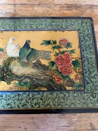 Vintage Black Lacquer Chinese Jewelry Box,  Pigeons And Flowers 8.  5 X 5 X 3 Inch 3