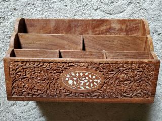 Vintage Indian Hand Carved Wooden Letter Holder/desk Organizer With Pretty Inlay