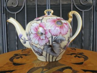 Antique Noritake Porcelain Pink Flower Gold Silhouette Large Yellow Teapot
