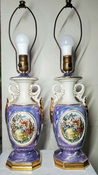 Pair Vtg Antique French Hand Painted Victorian Dancing Couple Porcelain Lamps