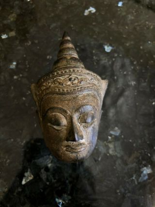 Antique Thailand Hand Carved Bronze & Stone Buddha Head Status