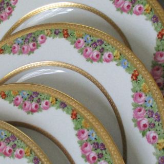 Set 6 Antique Rosenthal Porcelain Plates Pink Rose Swags W Gilt Encrusted Bands