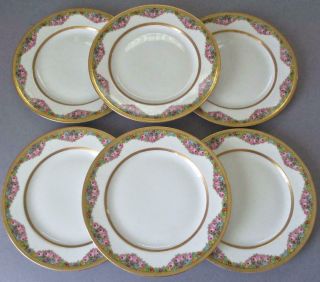 Set 6 Antique ROSENTHAL Porcelain Plates PINK ROSE Swags w GILT Encrusted Bands 2