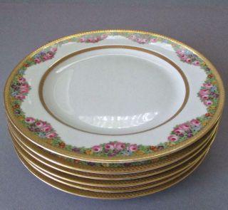 Set 6 Antique ROSENTHAL Porcelain Plates PINK ROSE Swags w GILT Encrusted Bands 3