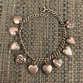Antique Victorian Sterling Silver Puffy Heart Charm Bracelet