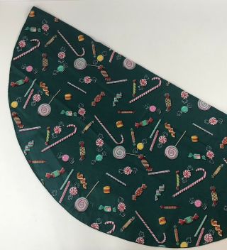 Vtg Round Green Candy Print Tablecloth Party Festive Lollipop Peppermint