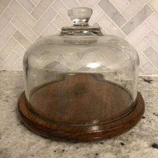 Vintage Thick Glass Cloche Cheese Dish Dome Wooden Base Rustic Farmhouse Decor