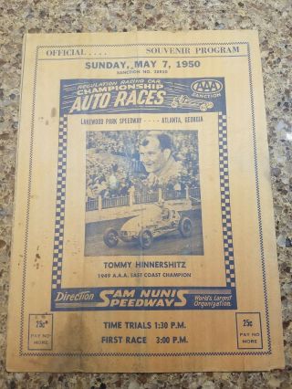 Lakewood Park Speedway,  Atlanta,  Ga,  May 7,  1950 Program With Tommy Hinnershitz