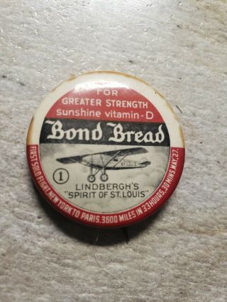 Vintage 1932 Pin Charles Lindberg Spirit Of St.  Louis Bond Bread Button