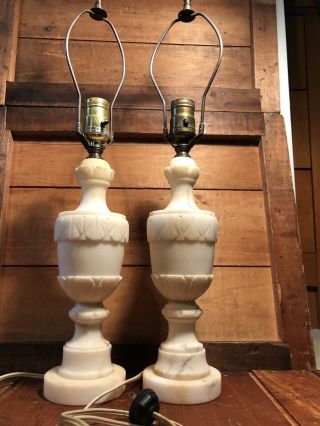 Antique - Vtg Alabaster Italian Marble Table 2 Lamps Brass